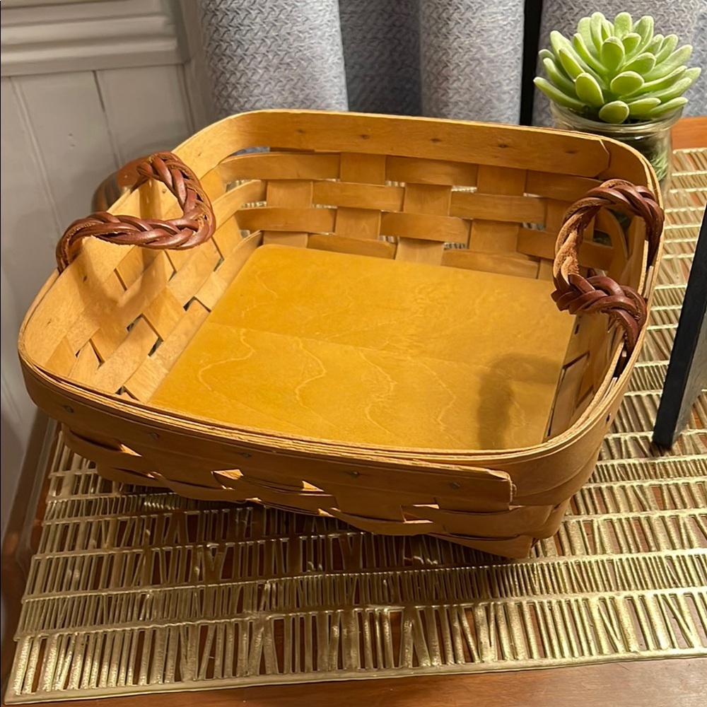 Handcrafted Wooden Basket with leather Braided Handles